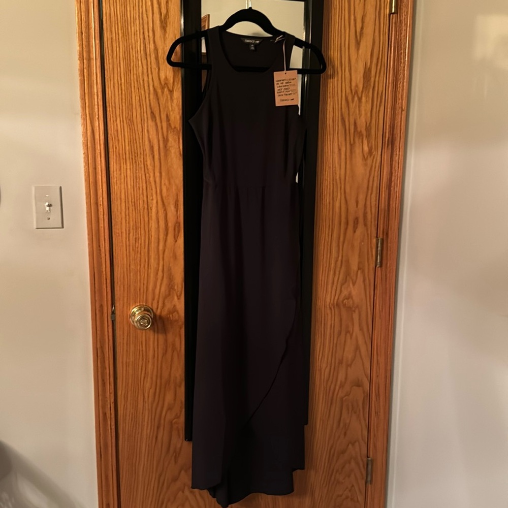Toad & Co black dress, faux wrap front and cut out back